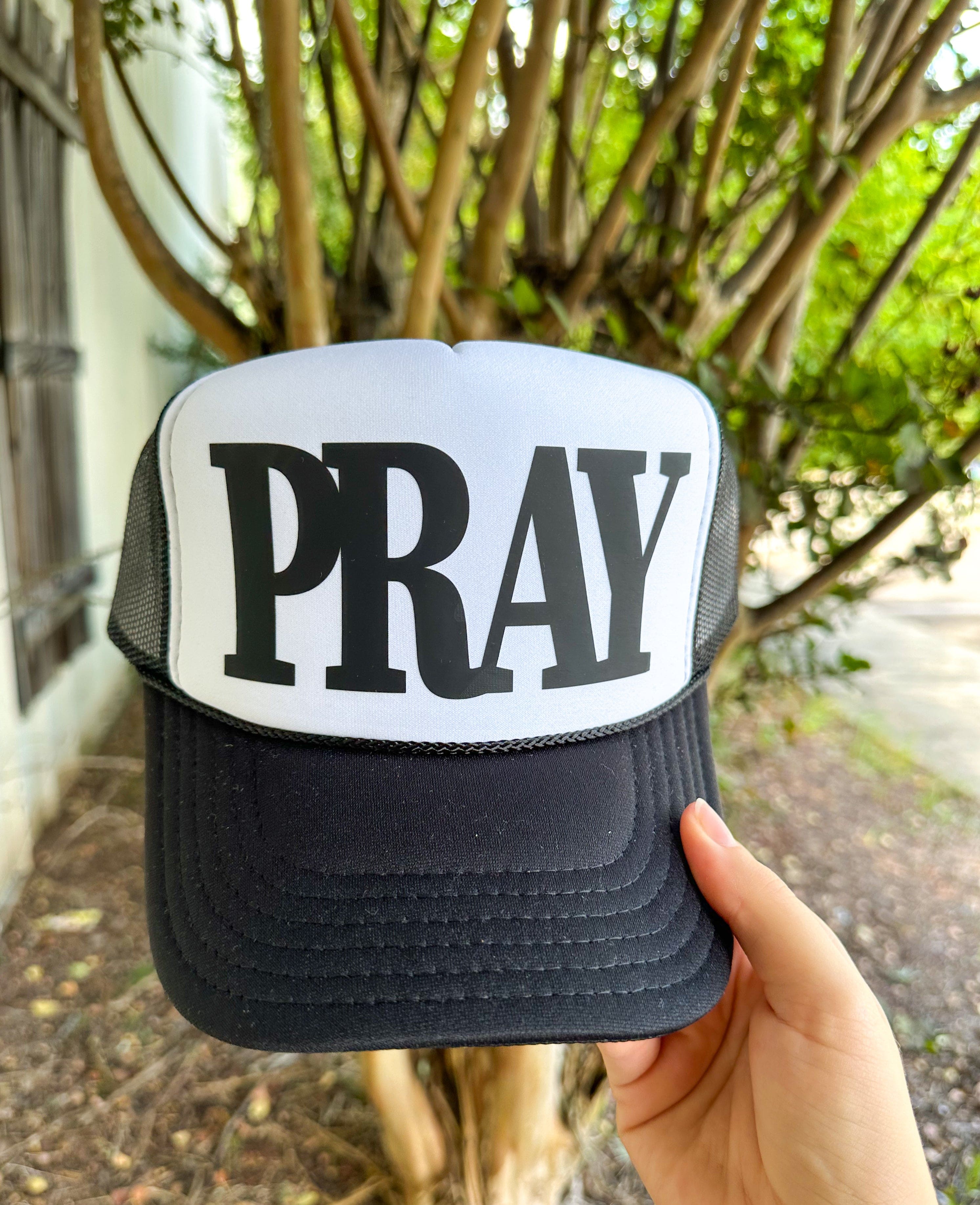 Black and White PRAY Foam Trucker Hat