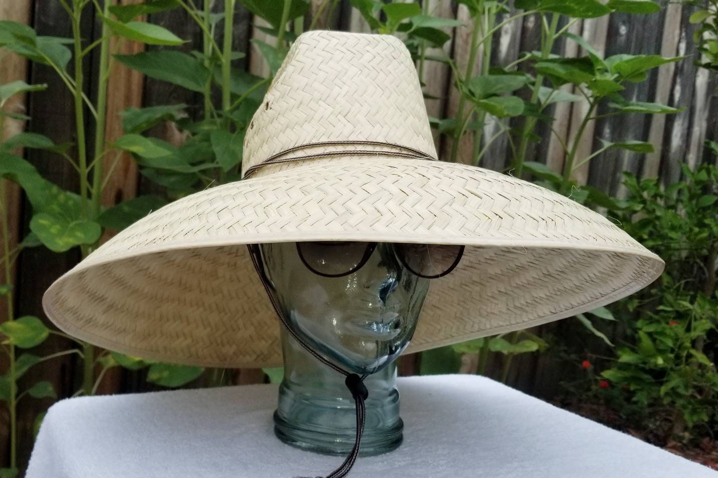 Jumbo Straw hat Natural color maximum sun coverage approximately 21" x 21" great for anything under the sun, with a strap. head size 24" in - Image 9