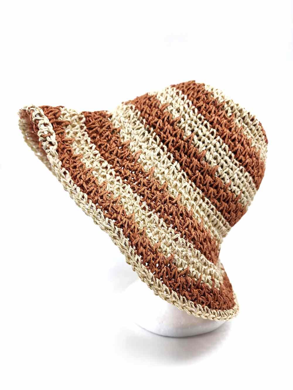 Women's Hand Crochet Clothe Straw Bucket Sun Hat in Two Tone Stripes - Image 4