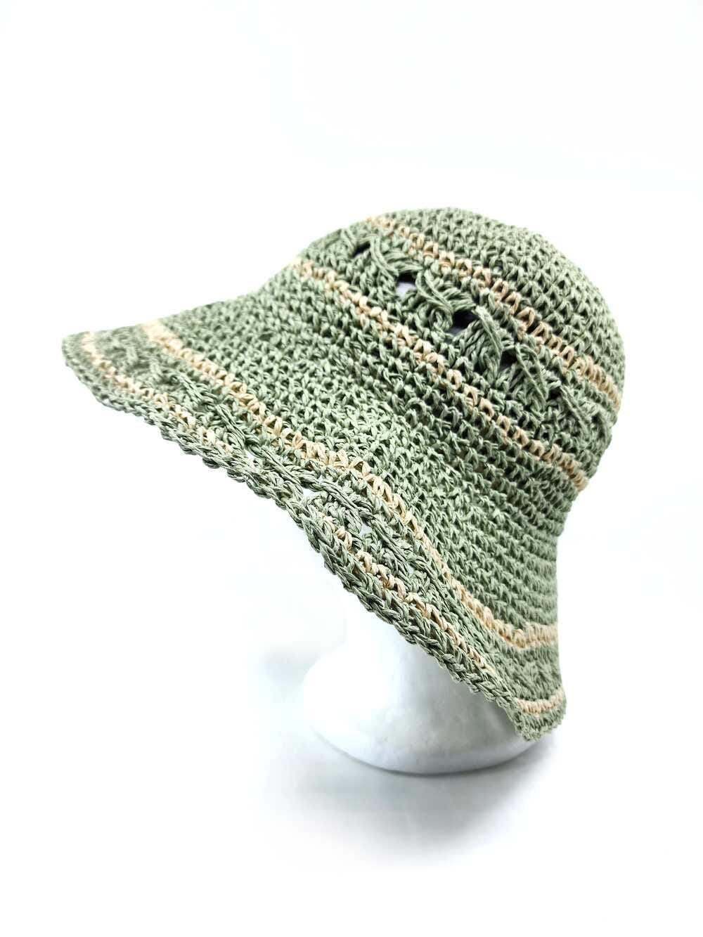 Women's Hand Crochet Clothe Straw Stripe Bucket Sun Hat - Image 4