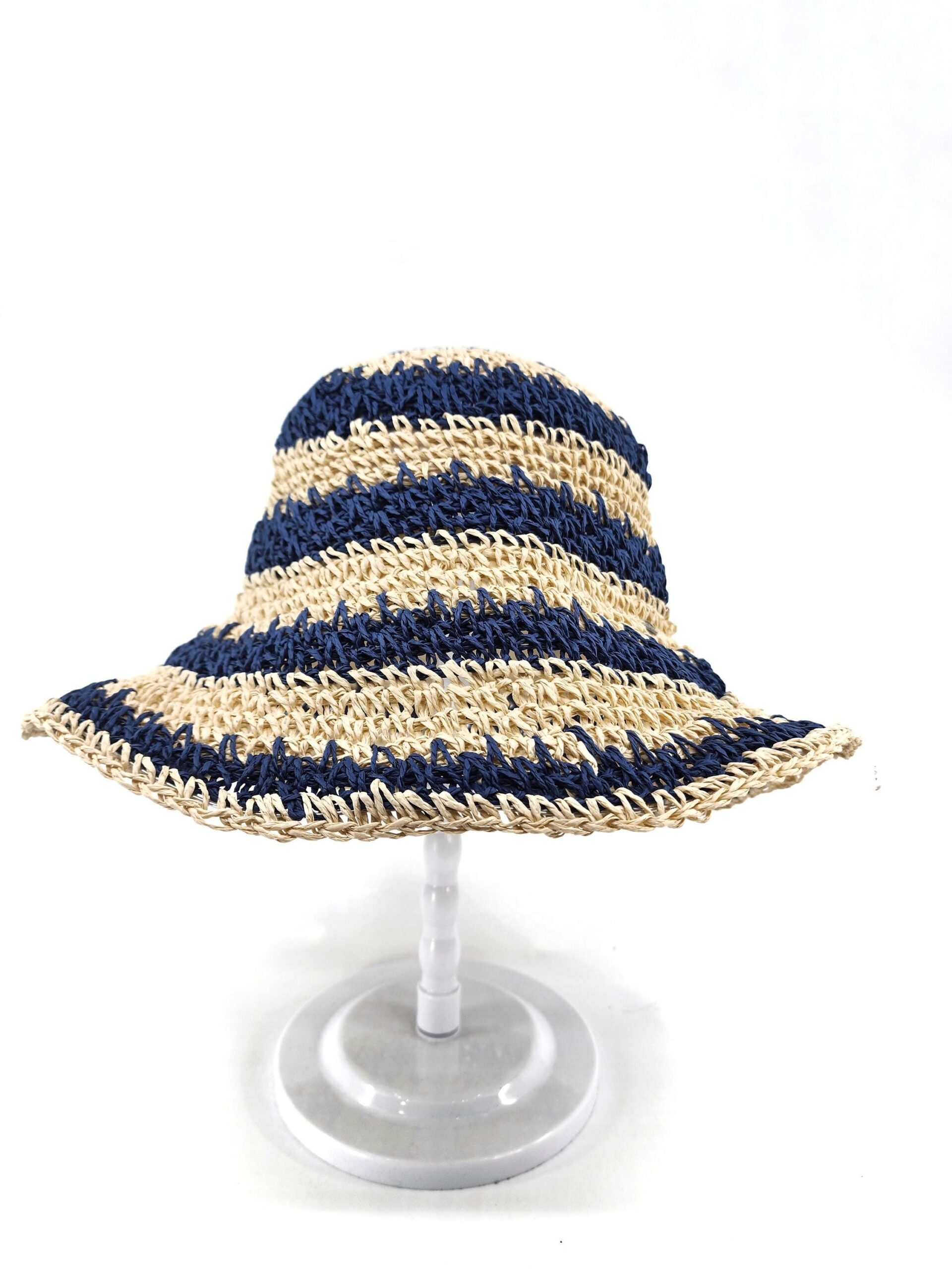 Women's Hand Crochet Clothe Straw Bucket Sun Hat in Two Tone Stripes - Image 8