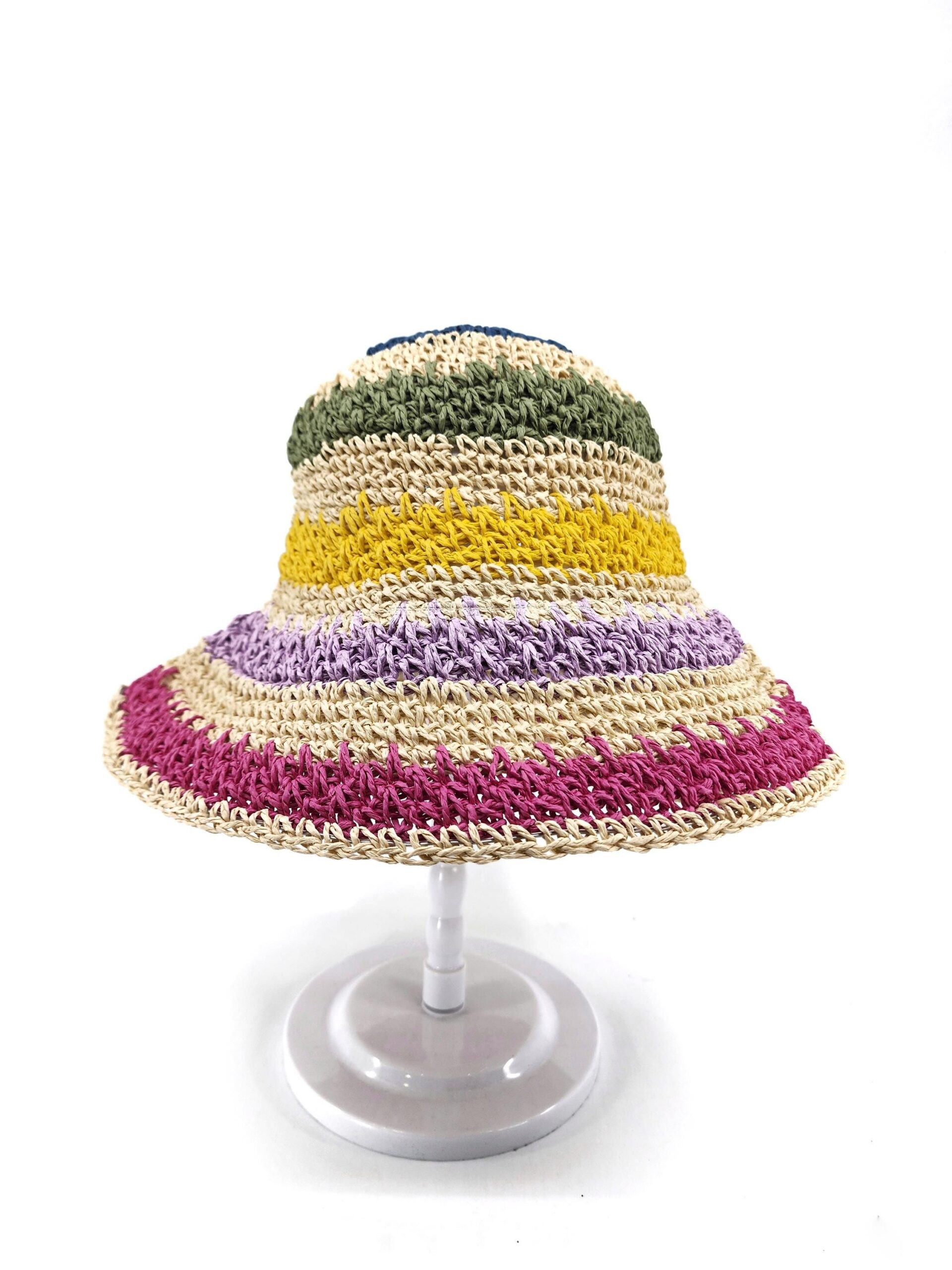 Women's Hand Crochet Clothe Straw Bucket Sun Hat in Two Tone Stripes - Image 7