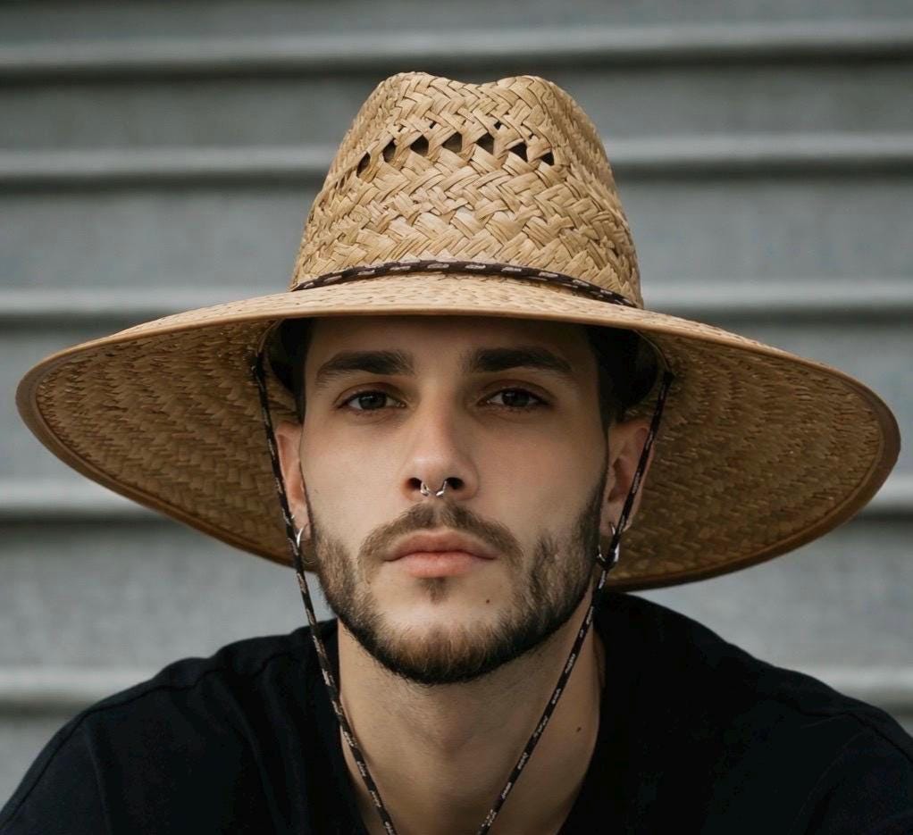 Ventilated Straw Hat, Fisherman Gardening Sun Protection, Adjustable Strap, 4.75-Inch Brim, TAN Edge.