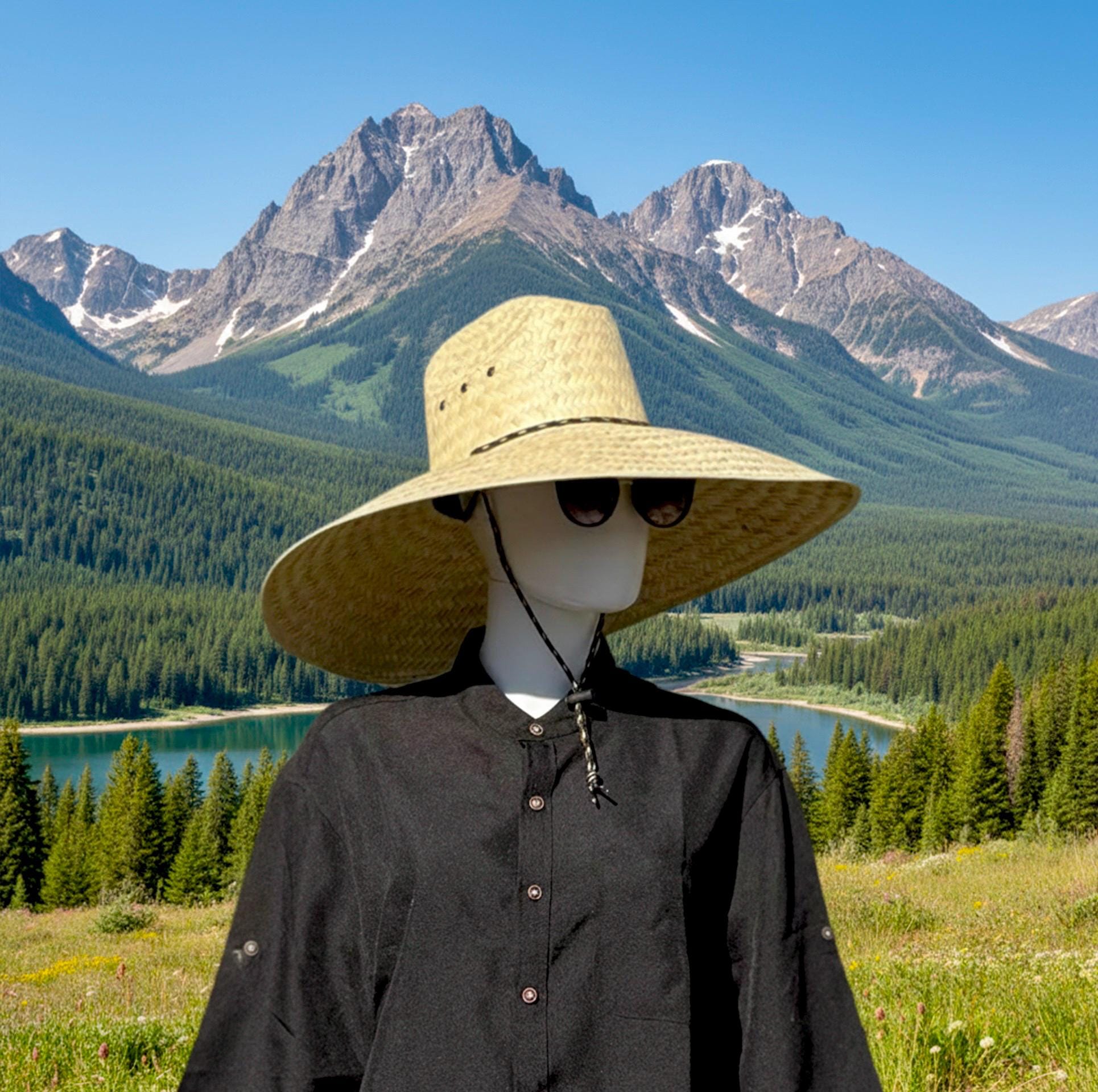 Jumbo Straw hat Natural color maximum sun coverage approximately 21" x 21" great for anything under the sun, with a strap. head size 24" in - Image 6